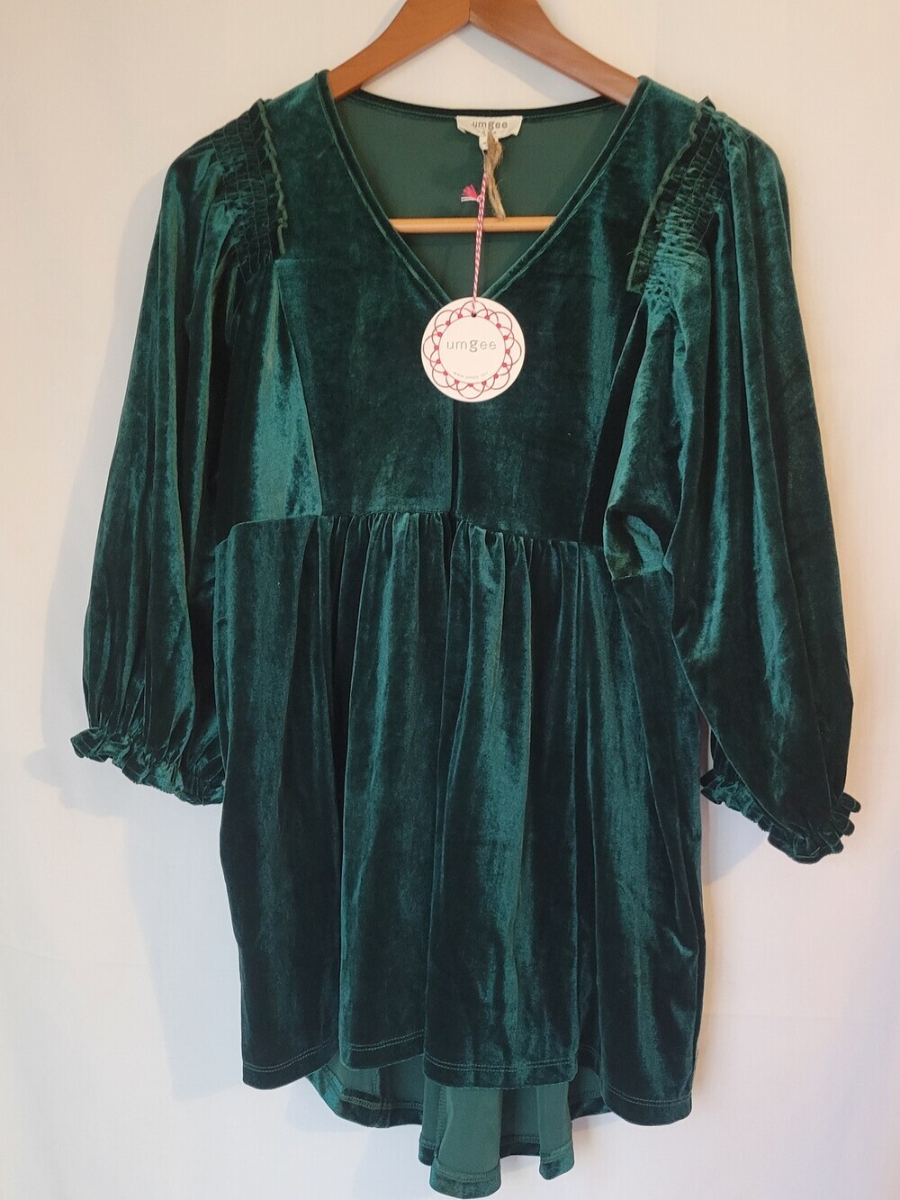 Umgee Women's Small Emerald Green Velvet V-Neck Babydoll Mini Dress 3/4 Sleeve